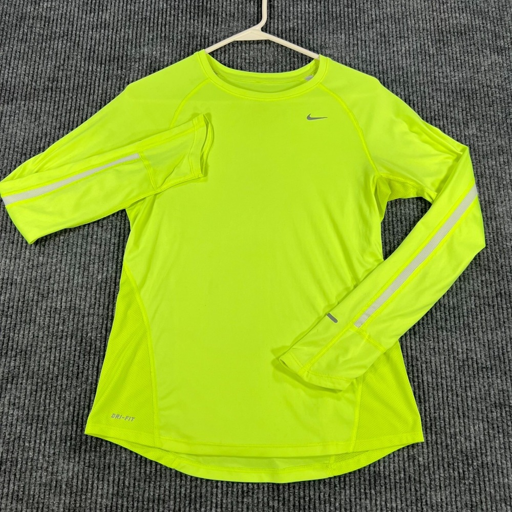 Nike Dri Fit Shirt Womens Neon Green Long Sleeve Small Workout Active Running